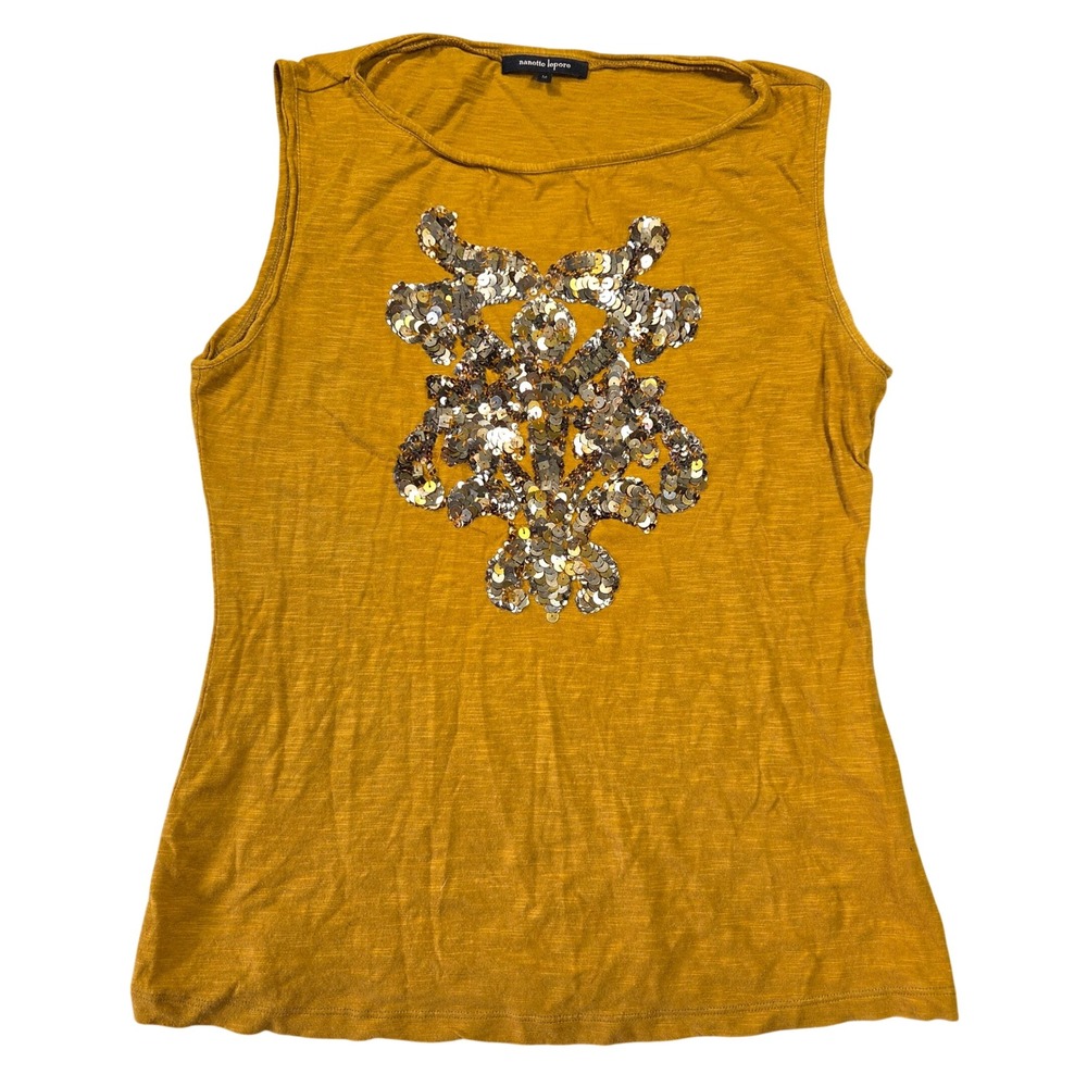 Nanette Lepore Mustard Yellow Sequin Crest Sleeveless Cotton Tank Top Medium